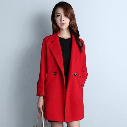 歌兔 呢子大衣中长款长袖宽松冬季韩版修身加厚学生西装毛呢外套女装