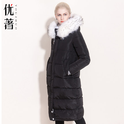 优著 2016冬装女装棉服长款棉衣女士保暖连帽过膝加厚大毛领棉袄