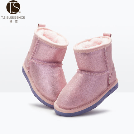 桃涩 儿童雪地靴真皮女童加厚保暖短靴中大童棉鞋男童靴子宝宝冬靴