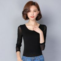 希其丽 2016秋冬网纱长袖t恤女修身显瘦纯色加大码打底衫圆领上衣 12色可选