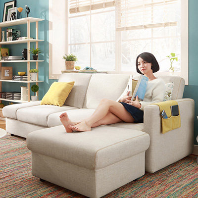 林氏木业 简约现代布艺沙发小户型转角棉麻储物沙发床脚踏组合1004
