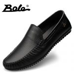 勃乐 秋冬季新款男士休闲皮鞋真皮加绒软底懒人豆豆鞋子牛皮大码男鞋 3款可选