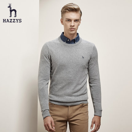 Hazzys哈吉斯 秋冬新款圆领休闲羊绒毛衫 男装长袖英伦纯色针织衫毛衣