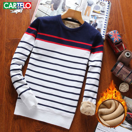 CARTELO卡帝乐鳄鱼 秋装新品男士毛衣纯色圆领修身条纹毛衫针织衫
