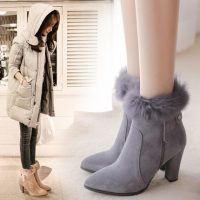 诗拉曼 兔毛冬靴子保暖雪地靴真皮高跟女靴粗跟短靴马丁靴骑士靴潮 6色可选