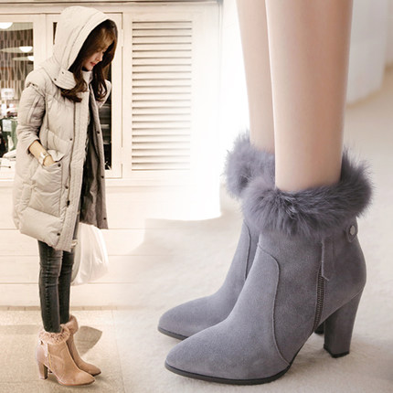 诗拉曼 兔毛冬靴子保暖雪地靴真皮高跟女靴粗跟短靴马丁靴骑士靴潮