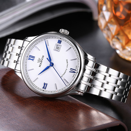 瑞士手表Marvin摩纹 男士手表男表机械表商务蓝针钢带腕表M117.12.22.11