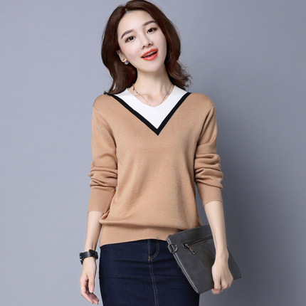 彦巧羊 2016秋冬装女装套头毛衣韩版时尚宽松显瘦小香风v领打底针织衫