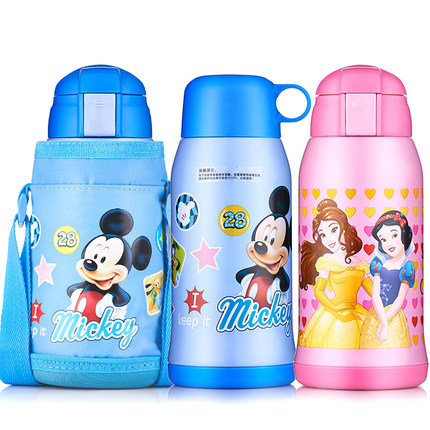 Disney迪士尼 保温杯子小学生男女不锈钢水杯带吸管儿童双盖便携宝宝水壶