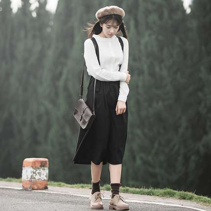 梧桐语 文艺复古中长款半身裙背带裙森女学生裙a字裙2017春秋季新款长裙