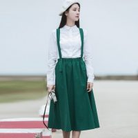梧桐语 文艺复古中长款半身裙背带裙森女学生裙a字裙2017春秋季新款长裙 2色可选
