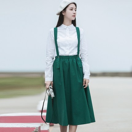梧桐语 文艺复古中长款半身裙背带裙森女学生裙a字裙2017春秋季新款长裙