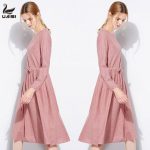 UAISI优艾丝 2017春季新款女装长袖棉麻连衣裙夏大码长裙秋冬季长款大摆裙子 3色可选