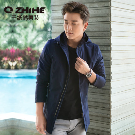 千纸鹤 春季新品 中长款风衣 男士商务休闲拼接防风连帽外套 2色可选