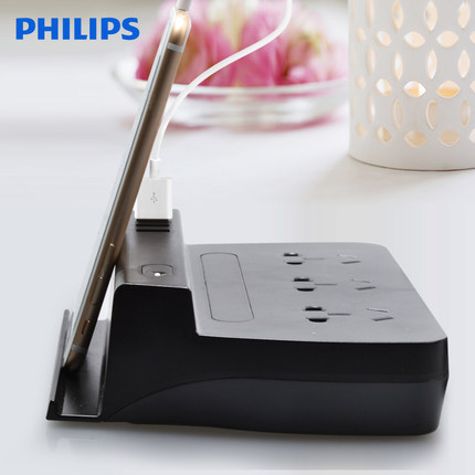 Philips飞利浦 大嘴USB排插智能快充桌面插排黑色创意电源接线板立式插座