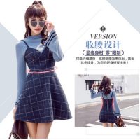 仙黛莉 秋冬新款针织上衣喇叭袖格子呢子料吊带长袖连衣裙假二件套 2色可选