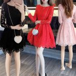 艾诺黛 春装2017新款女韩版气质修身蕾丝连衣裙春秋时尚红色长袖蓬蓬短裙 6色可选