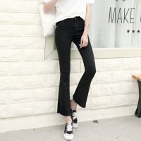 素布 微喇叭牛仔裤女九分高腰毛边弹力紧身显瘦9分喇叭裤女学生春流苏