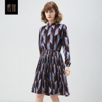 希荷 原创春夏雪纺连衣裙长袖条纹印花长裙韩版中长款宽松显瘦裙子