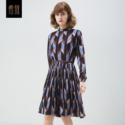 希荷 原创春夏雪纺连衣裙长袖条纹印花长裙韩版中长款宽松显瘦裙子