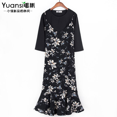 瑗斯 连衣裙女2017春季套装韩版五分袖小碎花雪纺吊带中长款两件套裙子