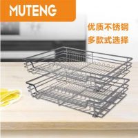 牧腾 单层双层橱柜拉篮304不锈钢碗篮调味篮厨房厨柜碗盘架阻尼轨
