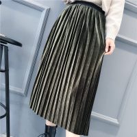 菲斯兰奴 金丝绒纯色百褶裙半身裙中长款女秋冬2017新款韩版百搭a字裙子