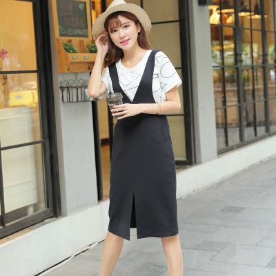 素蔓尔 素蔓尔新款韩版时尚修身显瘦V领黑色纯棉背带裙女开叉中长款