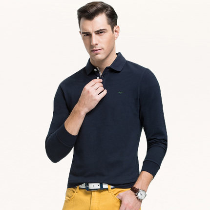 七匹狼 长袖T恤 青年男士翻领纯棉t恤商务纯色 2017春季新品POLO衫