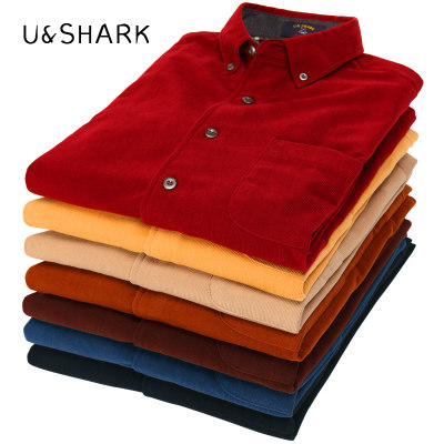 优鲨 男装春款衬衣男士灯芯绒衬衫纯色休闲长袖正装