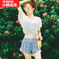 小桃泳衣 女式新款清新印花民族风聚拢显瘦比基尼外衫四件套泳衣 2色可选