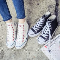 人本 春白色高帮帆布女 平跟男鞋学生情侣球鞋休闲平底黑布鞋子