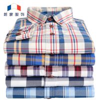 朗蒙 春季男士纯棉格子长袖衬衫休闲加厚碳素磨毛韩版修身衬衣