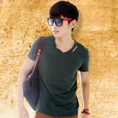 汉司 男士短袖t恤v领打底衫体恤半截袖修身简约夏季纯色男装