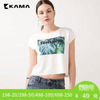 KAMA卡玛 夏装 圆领打底衫短款印花针织短袖T恤女 7216577
