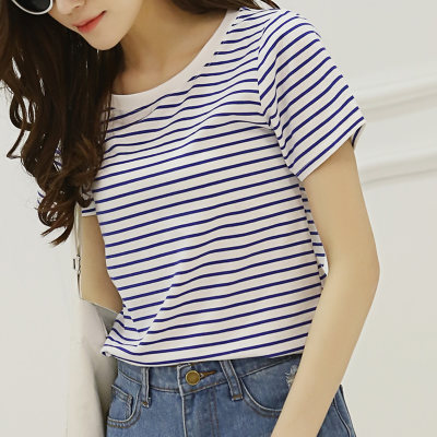 CEECLOO香寇 条纹t恤女短袖上衣服春装2017新款潮韩版百搭夏装宽松学生打底衫