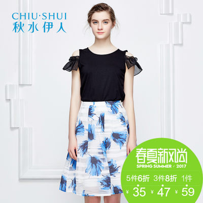 秋水伊人 夏女装简约圆领荷叶边露肩袖百搭T恤