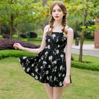 玲玖 复古高腰显瘦度假露肩抹胸打底印花碎花吊带连衣裙夏