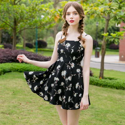 玲玖 复古高腰显瘦度假露肩抹胸打底印花碎花吊带连衣裙夏