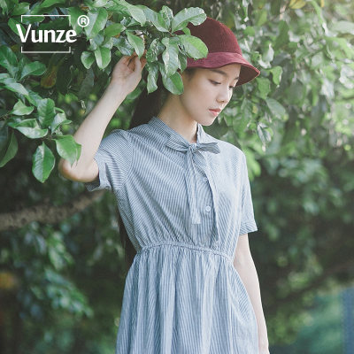 VUNZE唯赞 连衣裙女夏显瘦中长款甜美小清新文艺a字连衣裙夏复古森女系棉麻