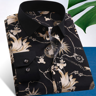 丹唛果 春季男士印花衬衫男衬衫碎花男时尚格子韩版修身衬衣男长袖