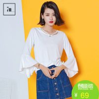 7Modifier 拉夏贝尔 7m莫丽菲尔 春新款宽松颈带九分荷叶袖短款t恤女72000037