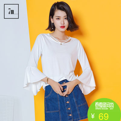 7Modifier 拉夏贝尔 7m莫丽菲尔 春新款宽松颈带九分荷叶袖短款t恤女72000037