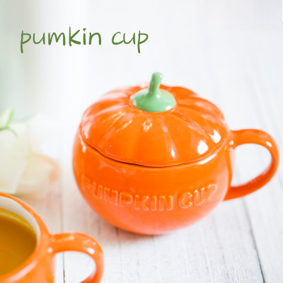 新路东的彩虹 超可爱！日本zakka南瓜带盖陶瓷马克杯燕麦早餐杯牛奶谷物杯汤杯