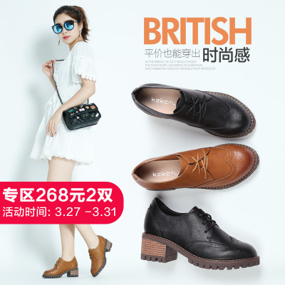 珂卡芙 2017春季复古英伦风鞋子女高跟鞋布洛克粗跟单鞋休闲牛津鞋