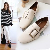 缇莎贝拉 2017春季新款懒人鞋平底小白鞋方头英伦风女鞋方扣平跟休闲单鞋