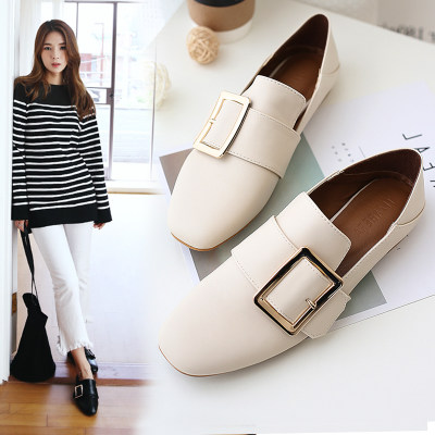 缇莎贝拉 2017春季新款懒人鞋平底小白鞋方头英伦风女鞋方扣平跟休闲单鞋