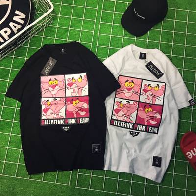 SILLYFINK 港风韩国ULZZANG欧美原宿风卡通粉红豹男女情侣装宽松短袖T恤1236