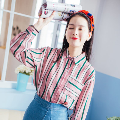 Q.FOUR猫娘志 2017春季新款韩版宽松条纹长袖衬衫女清新文艺学生衬衣