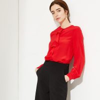 尤卡夫人 2017早春真丝衬衫女长袖波浪卷边修身显瘦纯色桑蚕丝上衣